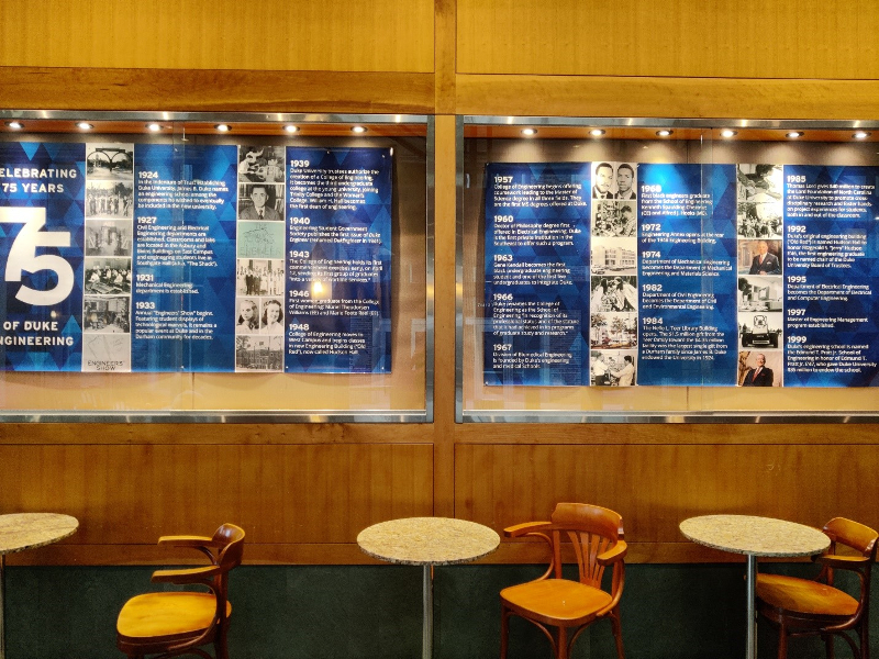 A blue printed timeline sits behind a glass display case surrounded by a wooden wall