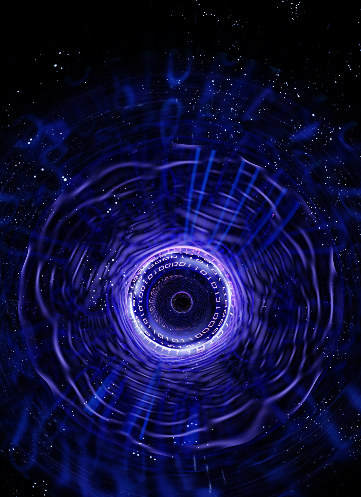 A colorful blue, swirling circle in a midst of black made of digital numbers