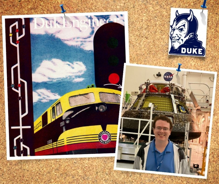 A corkboard with tacked images of the 1950 DukEngineer magazine, a vintage Blue Devil sticker, and an alum in front of the Artemis capsule