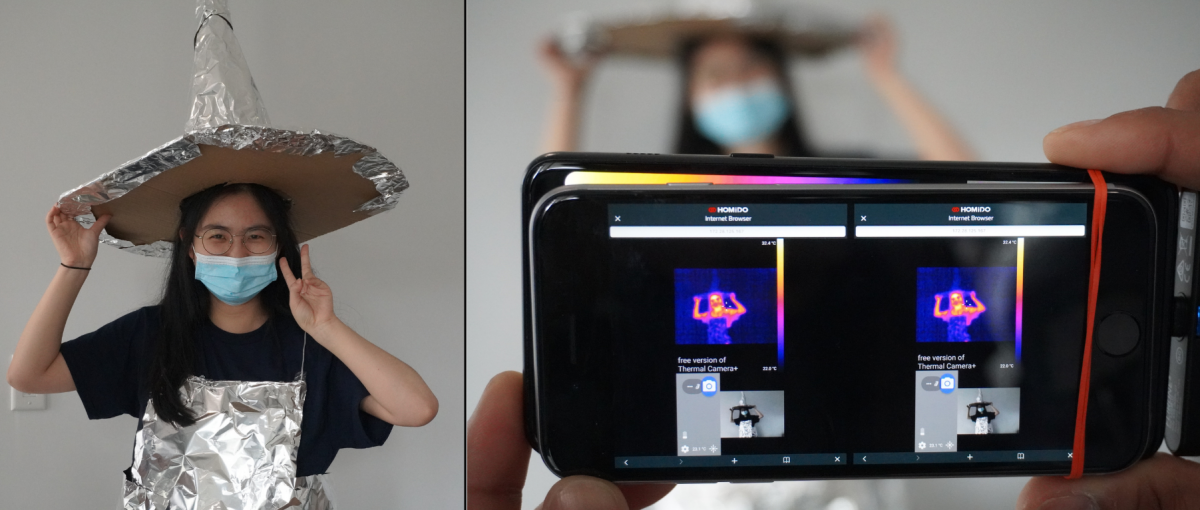 two photos joined side-by-side, left is a woman wearing a suit of aluminum foil with pointed hat, right close-up of a thermal camera sensing the heat signature of infrared radiation in colors