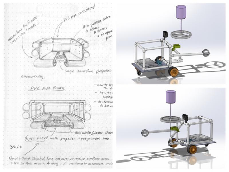 An initial sketch by Jolan von Plutzner, alongside her team's later SolidWorks images