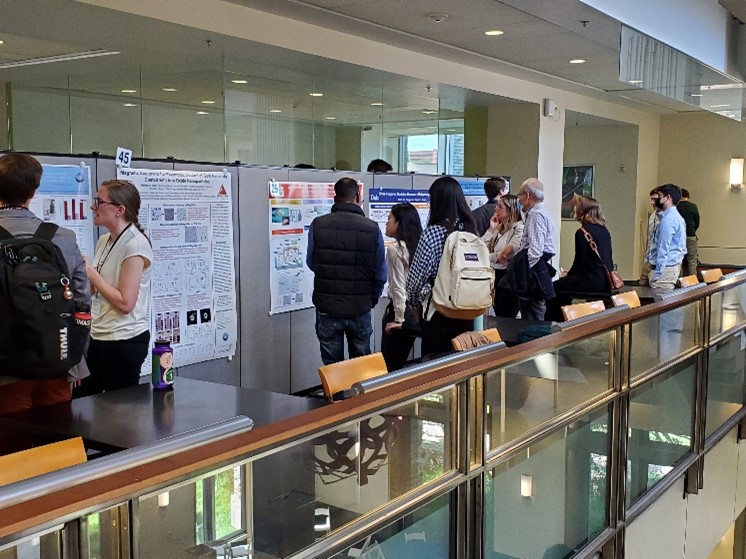 people looking at research posters in a row at a conference