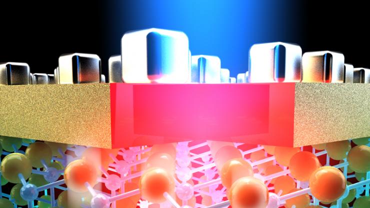 An artistic rendering of a new type of multispectral imaging detector. Depending on their size and spacing, nanocubes sitting on top of a thin layer of gold trap specific frequencies of light, which heats up the materials beneath to create an electronic signal. Art by Ella Maru Studio. Light shining through silver cubes on top of a layer of gold with 3D molecules beneath