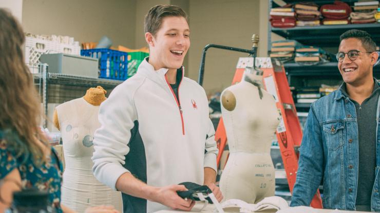 Lucas Hoffman (MEng 2020) and Juan Velasquez (Pratt ’19) collaborate with Erin West, Duke’s new Costume Shop manager, on a prosthetic system to help form clothing for people with disabilities. 
