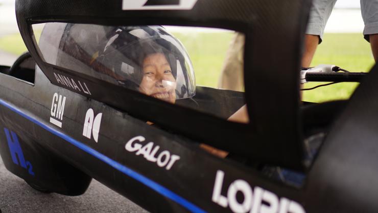 Driver Anna Li behind the wheel of Maxwell, Duke's record-breaking vehicle 