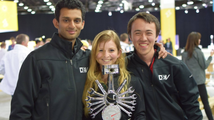 Duke Electric Vehicles co-presidents, left and right, Aniruddh Marellapudi and Patrick Grady, and in center, team driver Caroline Ayanian.