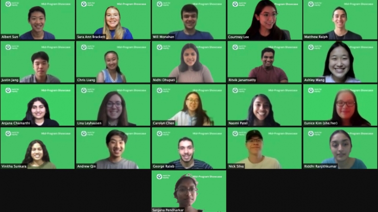 21 student interns in a Zoom meeting with green background screens