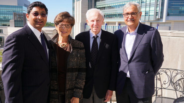 From left to right: Ravi Bellamkonda, Carol Kaganov, Alan L. Kaganov and Ashutosh Chilkoti attend the first symposium sponsored by the Kaganov Initiative in 2017.