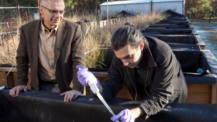 Mark Wiesner and graduate student work in the CEINT mesocosm facility