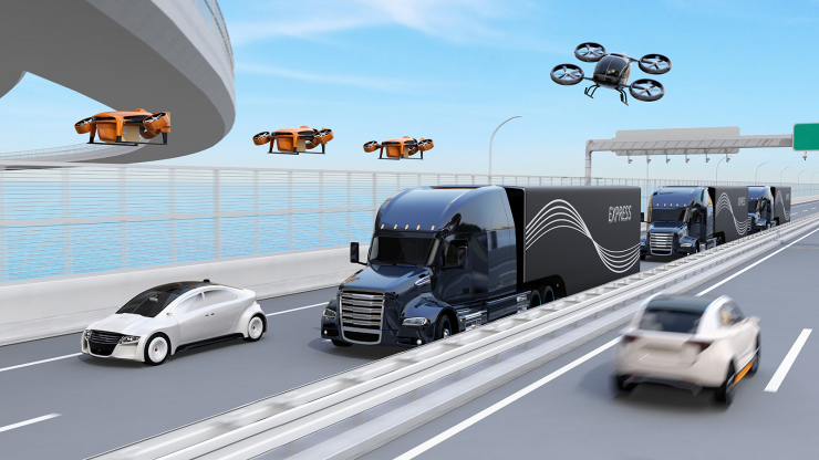 A graphic drawing of many types of drones traveling together, such as air drones, cars and semi-trucks