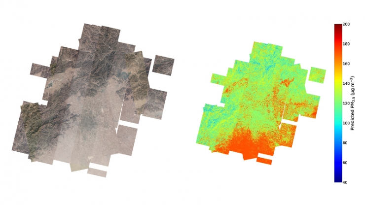 Two aerial maps of Beijing. One of land features, the other color coded by the amount of P2.5 pollution.