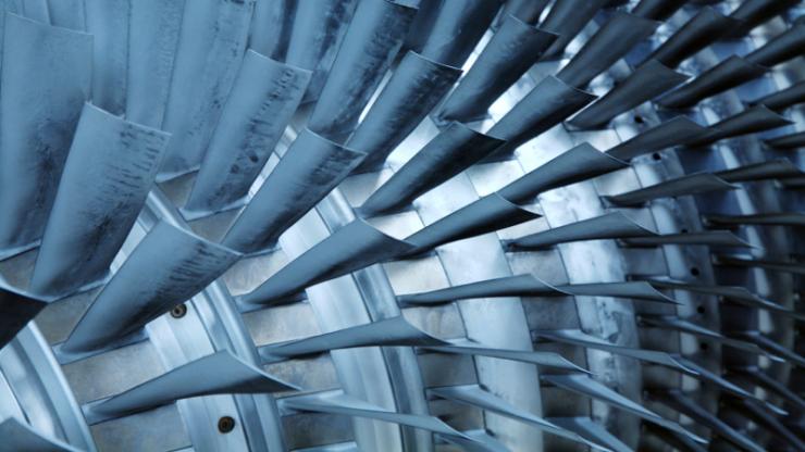 Rows of fan blades in a turbine compressor