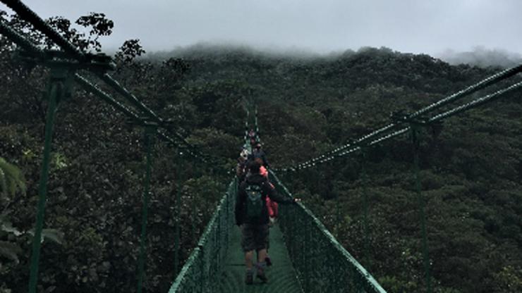 Students cross a wooden suspension bridge in the jungle with low overhanging clouds