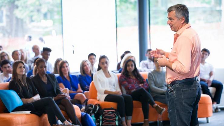Duke alumnus Eddy Cue discussed his career at Apple and advised students in a program designed to attract more women into technology fields. Photo by Duke Photography