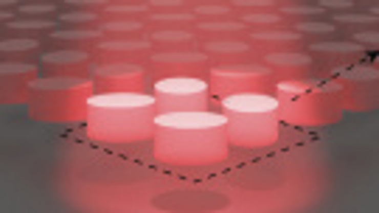 A large grid of red cylinders with the front four having a diffuse light shining on them