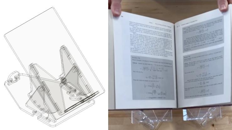 Computer image and photo of the adjustable, inexpensive and easy-to-store cradle for rare books designed by Duke Engineering first-year students.