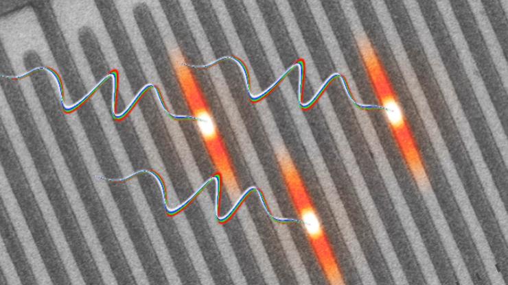 The image depicts three photons passing through a superconducting nanowire, causing the nanowire to heat up and disrupting the super-current. counting photons