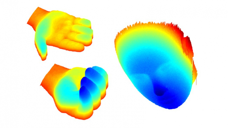 Multicolored images of scans of a hand and a face