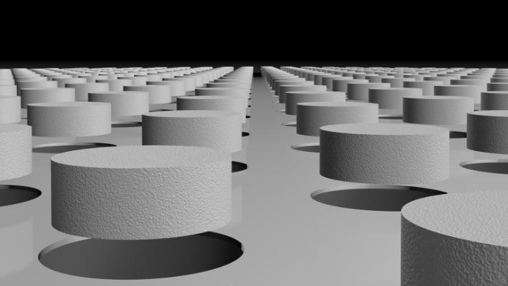 A computer rendering of a field of short cylinders hovering above a flat surface