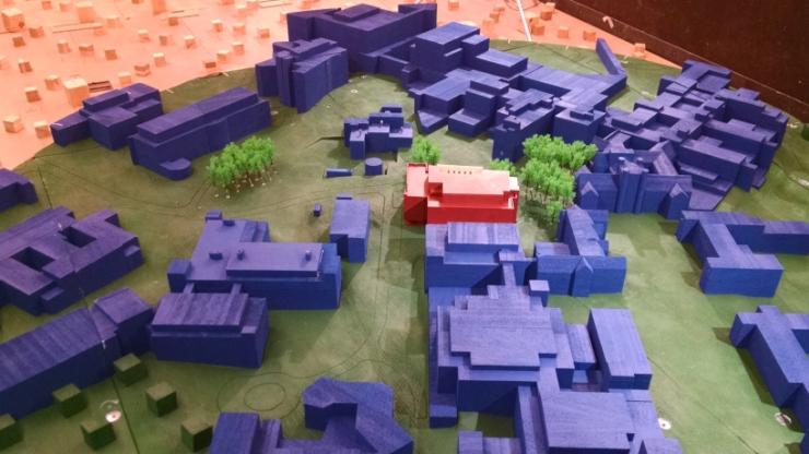 A model of the New Engineering Building (center, in red) and nearby Duke buildings, used in wind tunnel modeling to determine optimum lab exhaust speeds. Photo courtesy of AEI.