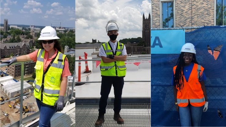 Three students in three separate images standing on construction sites