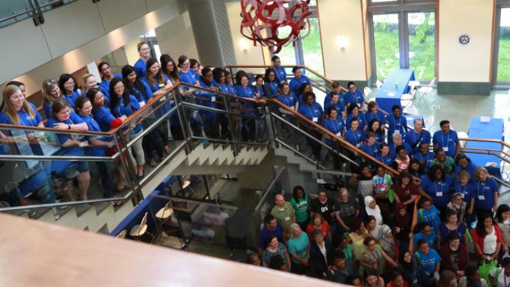 crowd from STEM Day at Duke on stairway