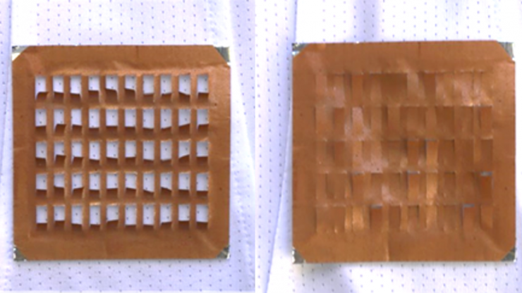 Two pictures of a copper-colored square attached to a white piece of fabric, one with five rows of open vents and the other with the vents closed