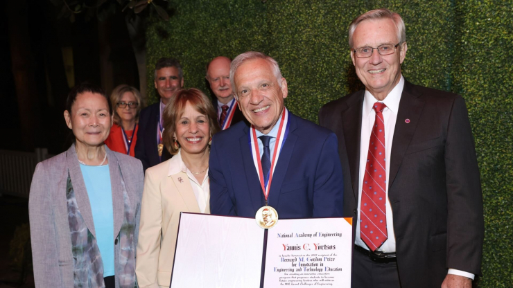 Yannis C. Yortsos, dean of the USC Viterbi School of Engineering (center) accepts the 2022 Gordon Prize. Also pictured: Dianne Chong, Carol Folt, John Anderson, Jenna P. Carpenter, Thomas Katsouleas, and Richard K. Miller. Credit: Greg Grudt/Steve Cohn Photography