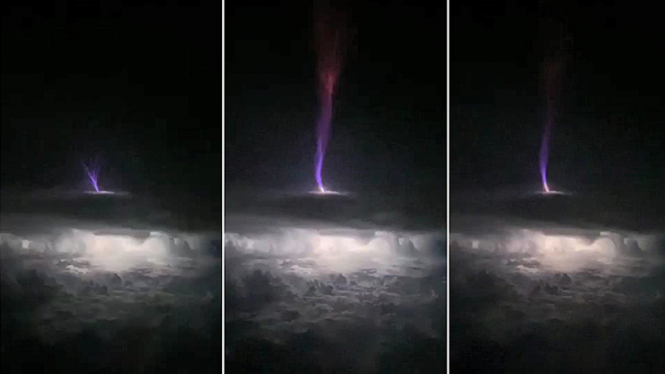 Three-frame series of images of a large purple streak shooting up out of a lightning cloud