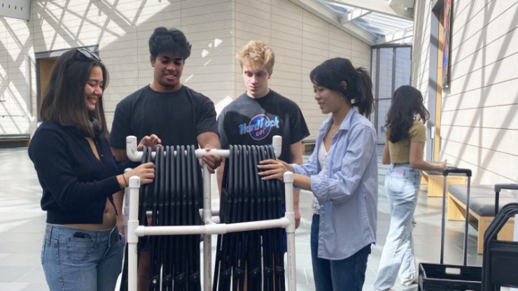 First-year engineering students Rania Challita, Ahnaf Hossain, Liam Byrne, Ashley Huang, with their prototype at the Nasher Museum of Art at Duke University.