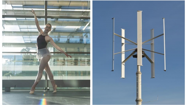 Katie VanderKam's experience as a dancer and choreographer (left) helped her visualize wind flowing through vertical axis wind turbines (right).