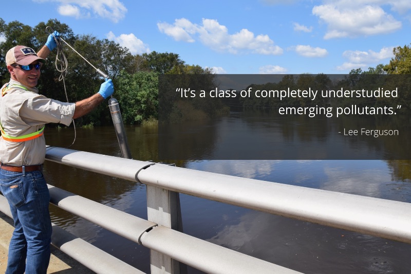 Lee Ferguson sampling river water, with quote: 