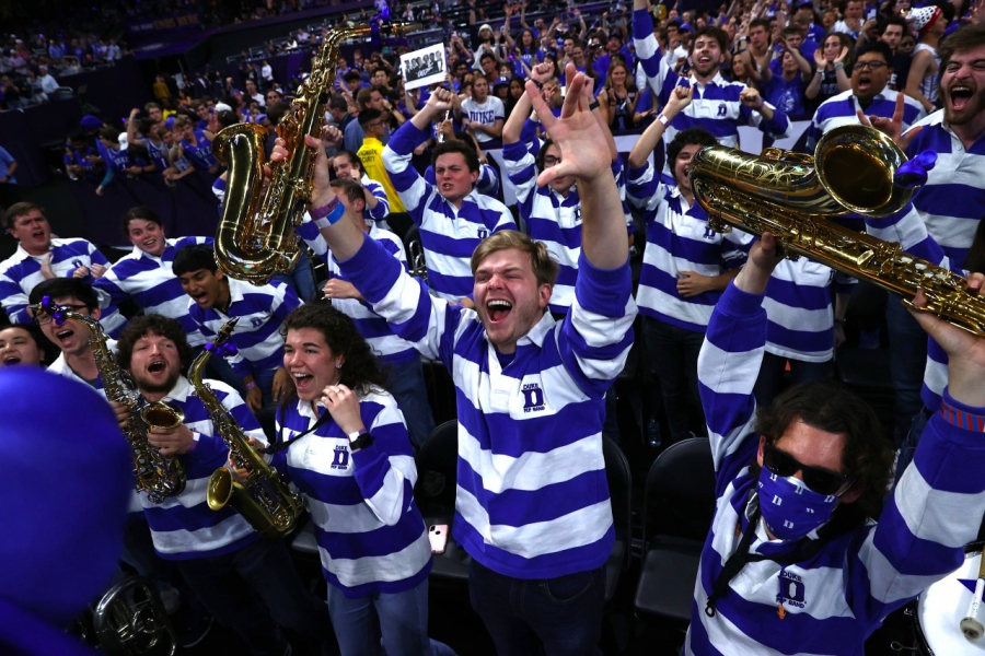 Becca Lau and fellow members of the Duke University Marching Band at the Elite Eight round of the NCAA Men's Basketball Tournament in San Francisco.