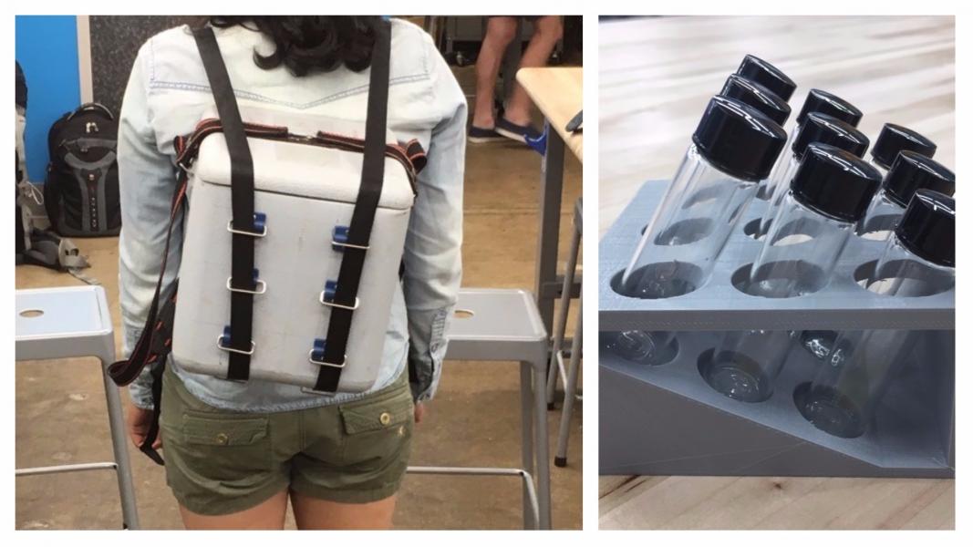 A student demonstrates the backpack Kenneth Rubango and his team designed to help with vaccine transport. Right: The containers inside the vaccine transport backpack allow workers to efficiently see the content of the vials without exposing the vaccines to warm air.