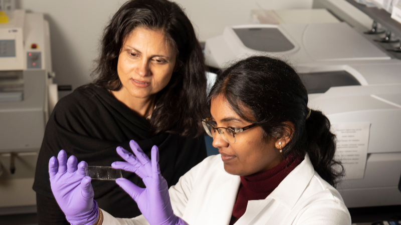 two women look at a slide in a laboratory