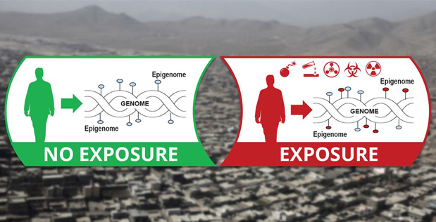 DARPA graphic contrasting a clean epigenome with one affected by exposures to weapons of mass destruction