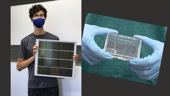 A young man standing with a solar cell and two gloved hands holding a plastic case with black squares inside