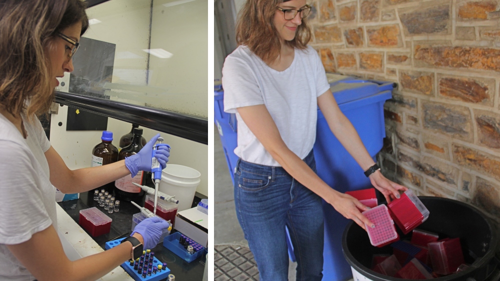 PhD candidate prepares samples and recycles used plastic pipette-tip boxes