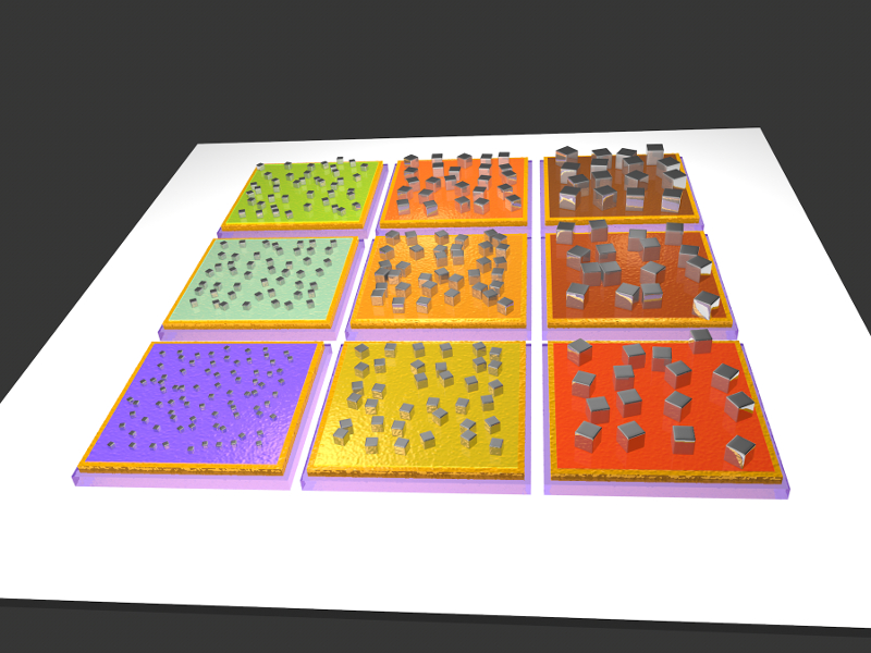 A grid of nine squares, each with a differently colored surface and a different size of nanocubes on its surface