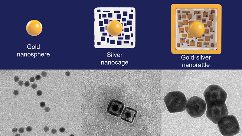 A graphic art image of how nanorattles are made (top) with black-and-white microscope images of circles and blocks below