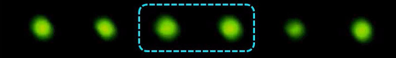 Two small green dots come together and are pulled back apart while neighboring particles stay still