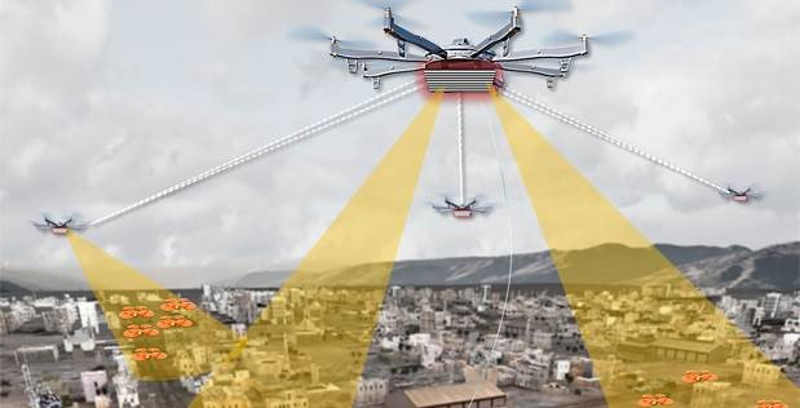 a graphic of a drone flying above a city and sending monitoring signals down into it