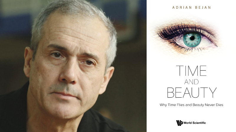 A man's headshot next to a book cover featuring a woman's eye