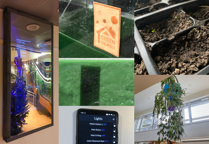 A collage of several of the smart home projects, including a planter, algae growing in a tank, and a mirror that looks like a smart phone screen