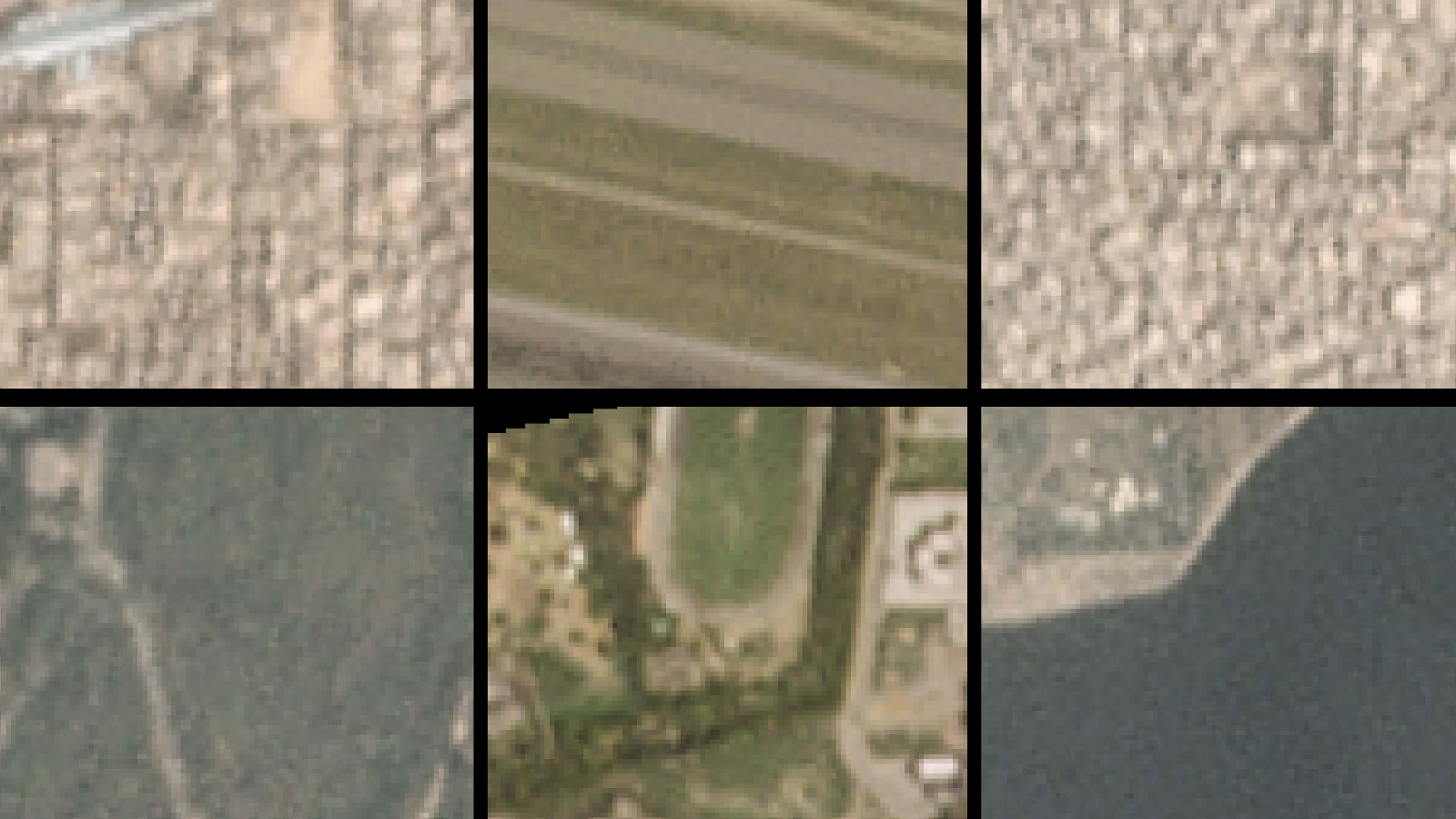 Six satellite images, hazy and urban on top, clearer and greener on bottom
