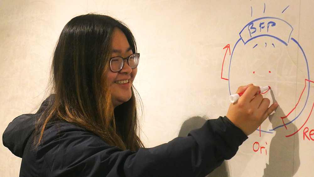 a female student drawing on a white board