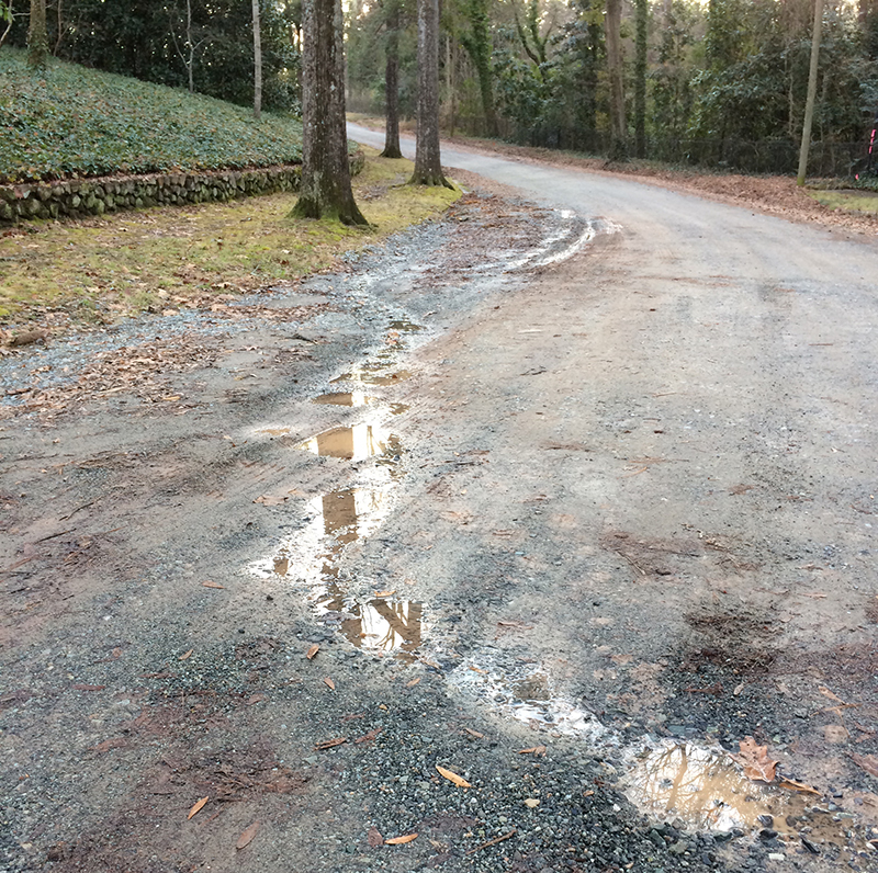 A gravel road after a rainstorm with a series of cascading pools