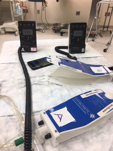 Bags hooked up to medical equipment with digital gauges with red numbers
