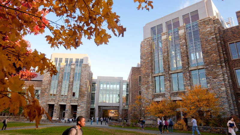 Fall color brightens the grounds around the 322,000-square-foot Fitzpatrick Center for Interdisciplinary Engineering, Medicine and Applied Sciences (FCIEMAS) on Duke University's campus.