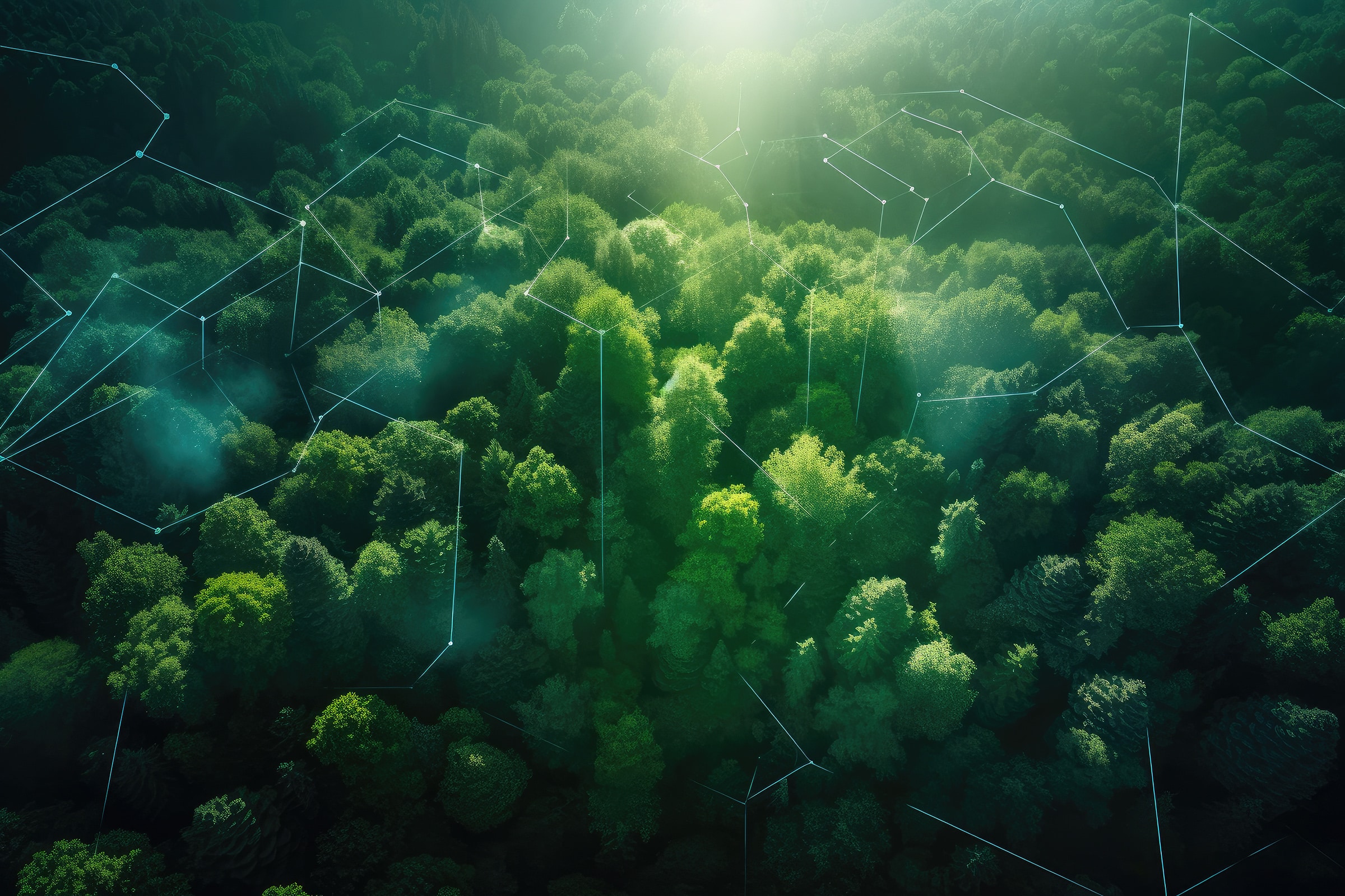 Aerial view of green forest in summer at dawn with glowing technological communication lin